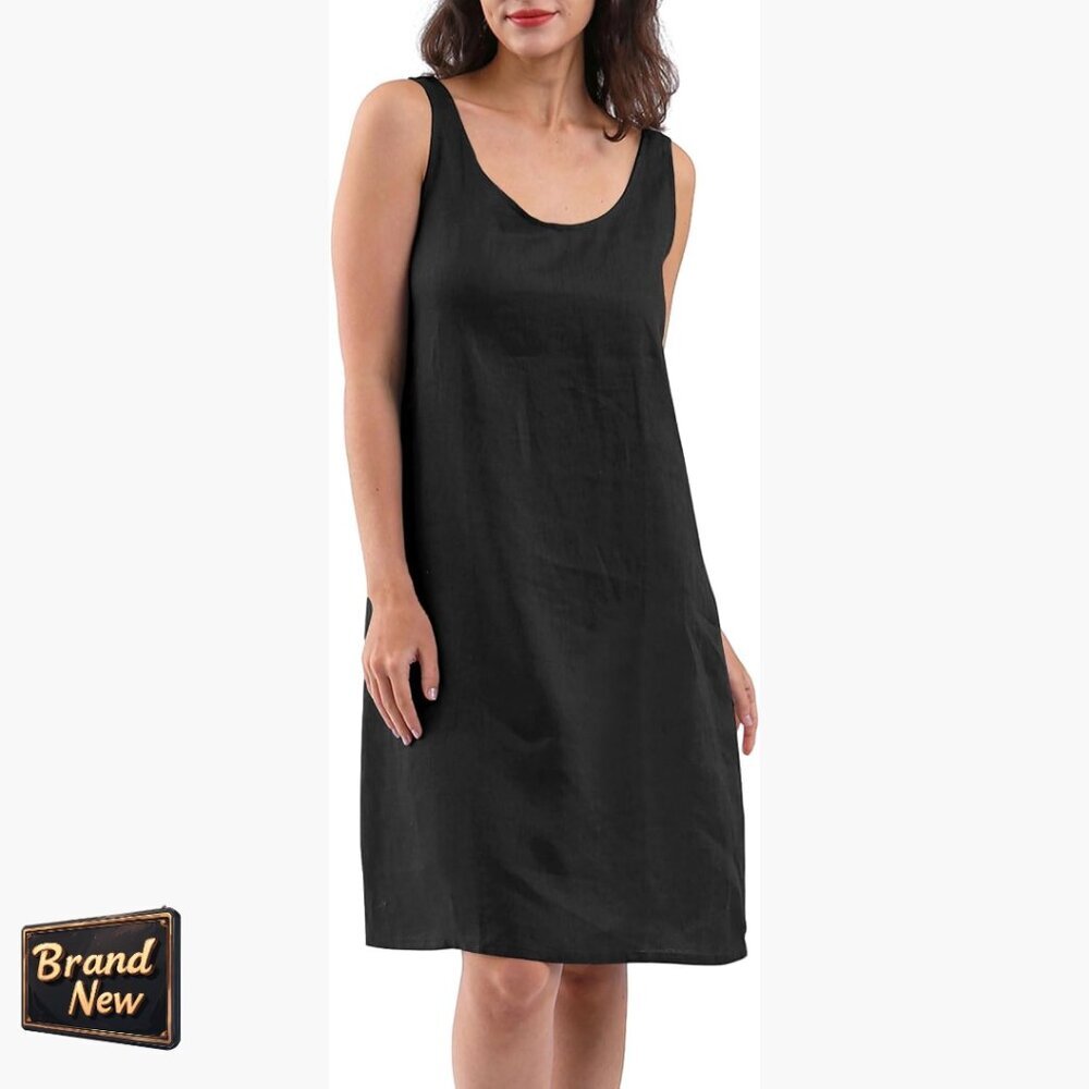 Linen Midi Dress Sleeveless Tank With Pockets Summer Casual Swing Fit